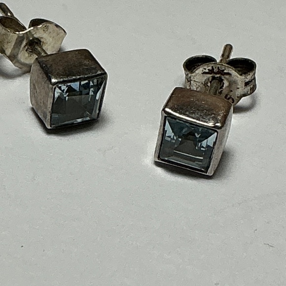 Sterling Silver Blue Topaz Square Stud Earrings - Picture 5 of 7